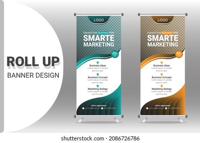 Business Roll Up Banner Template flyer, presentation, leaflet, j-flag, x-stand, x-banner, exhibition display, Presentation and Brochure. Vector illustration.