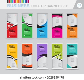 Business Roll up conjunto de plantillas de banner, Modern Exhibition Advertising , Stand, Poster, plantilla de diseño plana de folletos, volante, presentación, anuncio, j-flag, x-stand, x-banner, vector de stock. Pasos 10