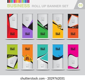 Juego de plantillas de banner de Business Roll up, Publicidad de exposición moderna, Stand, Poster, plantilla de diseño plana de folletos, volante, presentación, anuncio, j-flag, x-stand, x-banner, vector de stock. Pasos 10