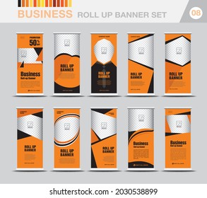 Business Roll up banner template set, Modern Exhibition Advertising, Web banner design, Stand, Poster, pull up, flyer, presentation, advertisement, j-flag, x-stand, stock vector, orange background