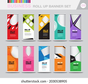 Business Roll up banner template set, Modern Exhibition Advertising, Stand, Poster, brochure flat design template, flyer, presentation, advertisement, j-flag, x-stand, x-banner, stock vector. eps 10