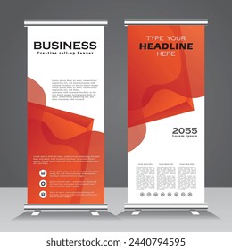 business roll up banner template, vertical banner design, modern and Abstract roll-up banner for your business, pull up, standee, x-banner, stand banner template with orange color