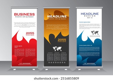 business roll up banner templates. vertical banner tempate, standee, stand layout, Colorful three color banner designs for welcome, event, party, company, business, Confernace, Vector eps 10