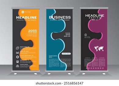 business roll up banner templates. vertical banner tempate, standee, stand layout, Colorful three color banner designs for welcome, event, party, company, business, Confernace, Vector eps 10