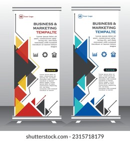 Business Roll up banner vertical template design, for brochure, business, modern x-banner with red, yellow and blue and standees banner advertising. vector illustration