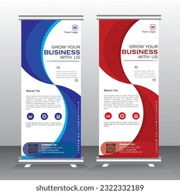 Business Roll up diseño de plantillas verticales de banner, para folletos, negocios, moderno x-banner con publicidad de banner rojo y azul y estandar. ilustración vectorial