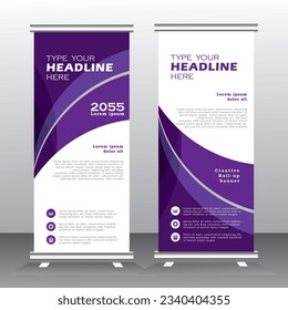 Business Roll up Banner diseño de plantilla vertical con color púrpura, para folletos, negocios, volante, infografías. moderna publicidad de x-banner y banner. ilustración vectorial