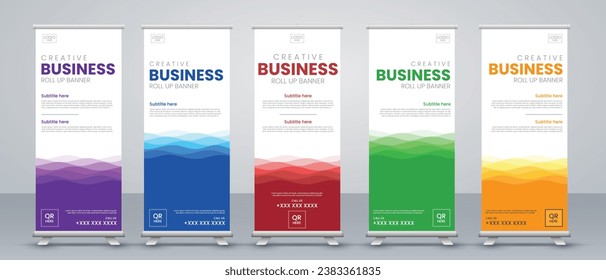 Business Roll up banner vertical template design, for brochure, business, flyer, infographics, modern x-banner and flag-banner advertising in red, blue, green, purple, black and yellow color 
