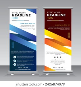 Business Roll up banner vertical template design, standee for your company, brochure, business, x-banner advertising. blue and yellow color banner. vector illustration