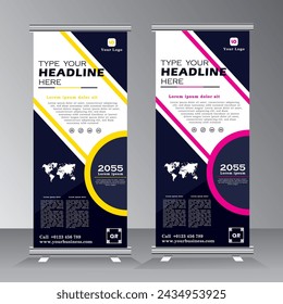 Diseño vertical de la plantilla del banner del rollo del negocio, para el folleto, el negocio, el volante, las infografías. moderno x-banner y bandera-banner publicitario. ilustración vectorial