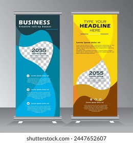 Business Roll up banner vertical template design, for brochure, business roll up banner, modern x-banner advertising. blue and yellow color,  print ready, vector eps