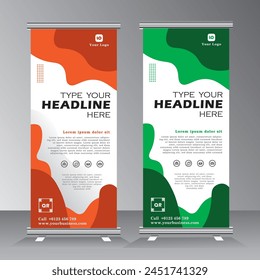 Business Roll up banner vertical template design, for brochure, business, flyer, infographics. modern x-banner and flag-banner advertising, orange and green color roll up banner, vector illustration