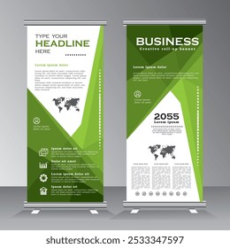 Business Roll up banner design de modelo vertical, Roll up banner para negócios, folheto, infográficos, puxar para cima, fundo de banner, banner x moderno e bandeira-banner publicidade.