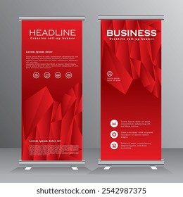 Negocio Roll up diseño de Plantilla de Vertical de Anuncio con color rojo, Anuncio de Vertical de Vector para folleto, negocio, volante, moderno Anuncio x y soporte, standee para publicidad. Vector eps 10