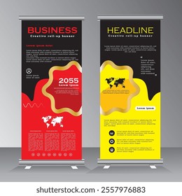 Business Roll up banner vertical template design with gold line, Vertical banner design for business, with red and yellow colour, modern x-banner and flag-banner advertising. Vector eps 10