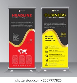 Business Roll up banner vertical template design with gold line, luxury vertical banner design for business, with red and yellow colour, modern x-banner and flag-banner advertising. Vector eps 10