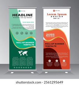 Business roll up banner vertical template design with green and orange, Luxury roll up banner with gold line, vertical banner for brochure, business, flyer, modern x-banner and banner advertising.