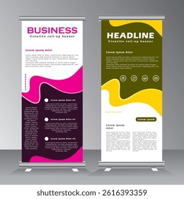 Business Roll up banner vertical template design, standee for your company, roll up banner with wave design, business, x-banner advertising. pink and yellow color banner. vector illustration, Eps 10