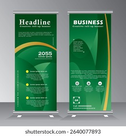 Business roll up banner vertical template design with yellow line and green colour background, Vector banner for brochure, business, flyer, infographics. modern x-banner and poster for advertising.