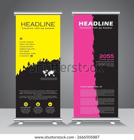 Business Roll up banner vertical template design, standee for your company, brochure, business, x-banner advertising. black, pink and yellow color banner. vector illustration