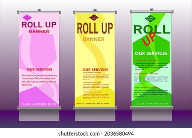 Business roll up banner yellow pink and green color. standee illustration design banner vector template.