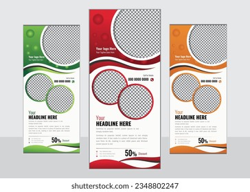 Business Roll Up Design with 3 Colour. red, green, orange colour with abstract shapes.