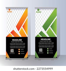 Business Roll Up Design Template. Abstract background, modern x-banner, rectangle size green and red colorful design.