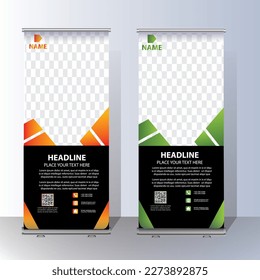 Business Roll Up Design Template. Abstract background, modern x-banner, rectangle size green and red colorful design.