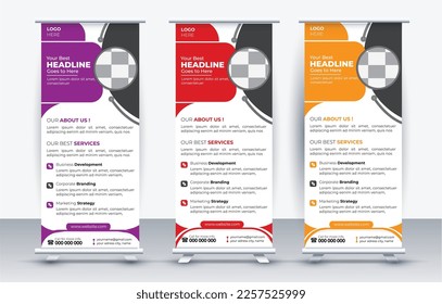 business roll up display standee for presentation purpose three color roll up banner template. Business banner layout. stand out. flyer. pull up. presentation. poster. advertisement. print media 