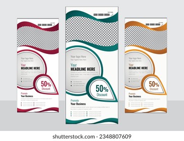Set zur Unternehmensfortbildung. Abstrakter, roter, grüner und orangefarbener, geometrischer Ellipse-Hintergrund, Standee Design.