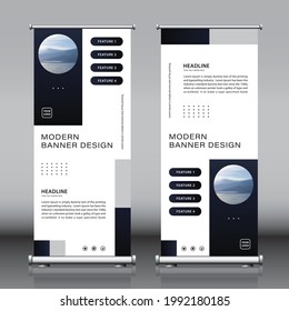 Business roll up set. Modern futuristic vertical standee street banner design. Editable White Blue grey color theme with geometric rectangle shapes. Exhibition event advertisement x-stand template