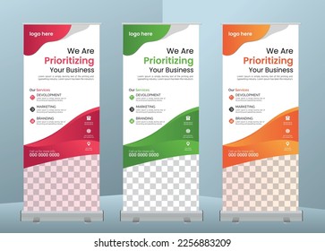 Business Roll Up Set, Stand Design, Banner Template, Abstract Blue Background vector, flyer, presentation, leaflet, x-stand, x-banner, exhibition display, Corporate, Orange, Red, Green, Abstract.