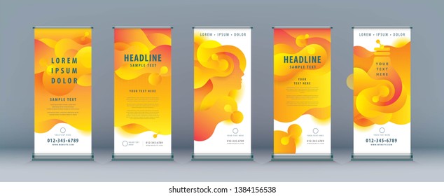 Business Roll Up Set. Standee Design. Banner Template, Abstract Yellow Liquid Shape Fluid Design, Dynamic Plastic Liquid Gradient Waves, flyer, , leaflet, j-flag, x-stand, x-banner, exhibition display