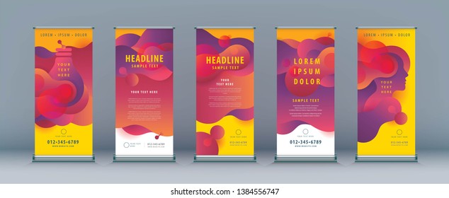 Business Roll Up Set. Standee Design. Banner Template, Abstract Liquid Shape Fluid Design, Dynamic Plastic Liquid Gradient Waves, presentation, leaflet, j-flag, x-stand, x-banner, exhibition display