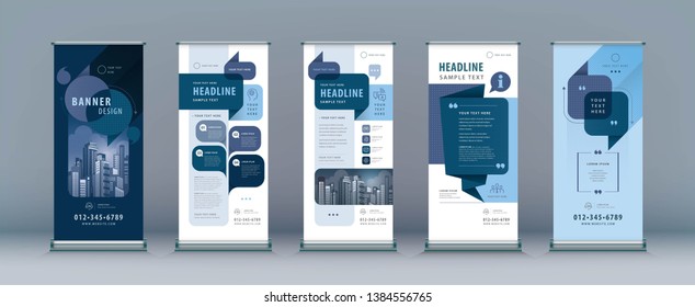 Business Roll Up Set. Standee Design. Banner Template, Abstract Blue Speech Bubbles Background vector, flyer, leaflet, j-flag, x-stand, x-banner, exhibition display, social, talk bubble