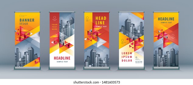 Business Roll Up Set. Standee Design. Banner Template, Abstract Red Geometric Triangle Background vector Brochures, flyer, presentation, leaflet, j-flag, x-stand, x-banner, exhibition display