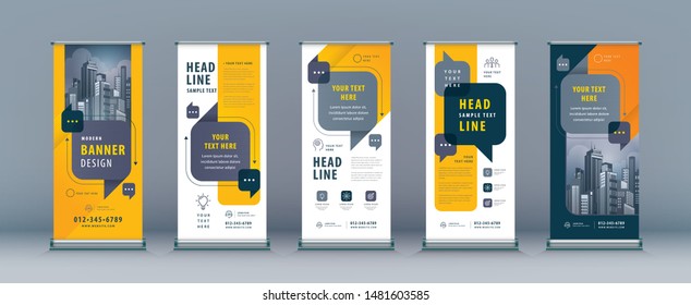 Business Roll Up Set. Standee Design. Banner Template, Abstract Yellow And Black Speech Bubbles Vector.flyer, Presentation, Leaflet, J-flag, X-stand, Exhibition Display,social Networks, Talk