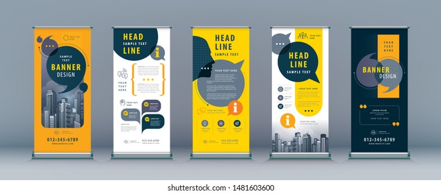 Business Roll Up Set. Standee Design. Banner Template, Abstract Yellow and Black Speech Bubbles vector, flyer, presentation, leaflet, j-flag, x-stand, exhibition display,social networks, talk