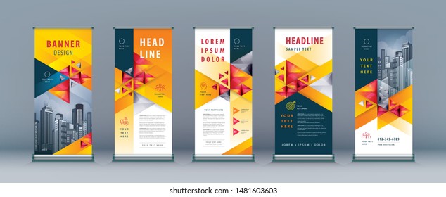 Business Roll Up Set. Standee Design. Banner Template, Abstract Yellow Geometric Triangle Background vector Brochures, flyer, presentation, leaflet, j-flag, x-stand, x-banner, exhibition display