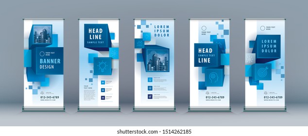 Business Roll Up Set. Standee Design. Banner Template, Abstract Blue 3D Cube blocks Background vector, Brochures, flyer, presentation, leaflet, j-flag, x-stand, x-banner, exhibition display