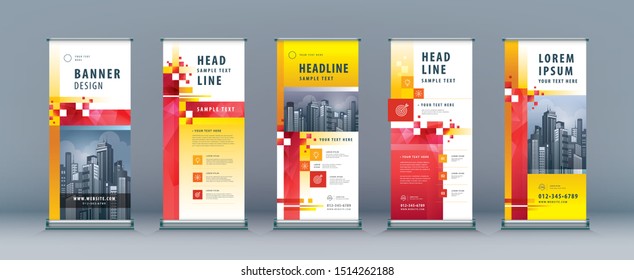 Business Roll Up Set. Standee Design. Banner Template, Abstract Geometric Red Pixel Background vector, Brochures, flyer, presentation, leaflet, j-flag, x-stand, x-banner, exhibition display