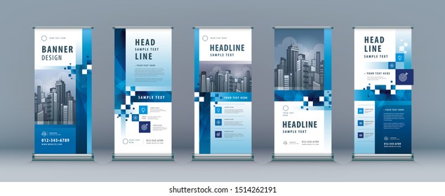 Business Roll Up Set. Standee Design. Banner Template, Abstract Geometric Blue Pixel Background vector, Brochures, flyer, presentation, leaflet, j-flag, x-stand, x-banner, exhibition display