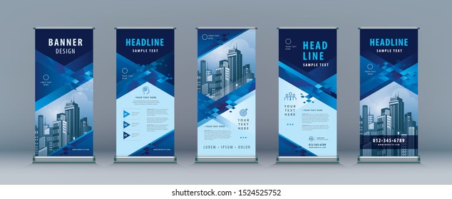 Business Roll Up Set. Standee Design. Banner Template, Abstract Geometric BLue Diamond Background vector, flyer, presentation, leaflet, j-flag, x-stand, x-banner, exhibition display, Website  Template