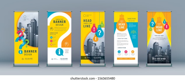 Business Roll Up Set. Standee Design. Banner Template, Abstract Colorful Light Bulb and Question Mark vector, leaflet, j-flag, x-stand, exhibition display,  problem, trouble, answer, solution