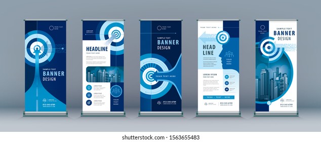 Business Roll Up Set. Standee Design. Banner Template, Abstract Blue Arrow and Target, presentation, j-flag, x-stand, exhibition display, Path to the goal, Concept growth to success, Reach the target