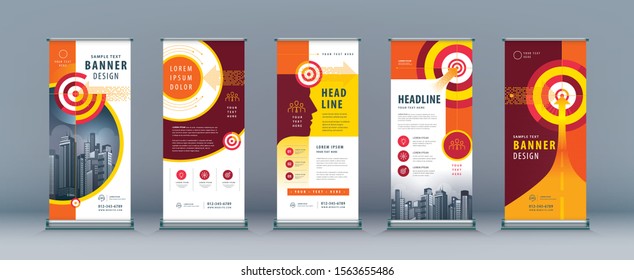 Business Roll Up Set. Standee Design. Banner Template,Abstract Yellow Arrow and Target, presentation, j-flag, x-stand, exhibition display, Path to the goal, Concept growth to success, Reach the target
