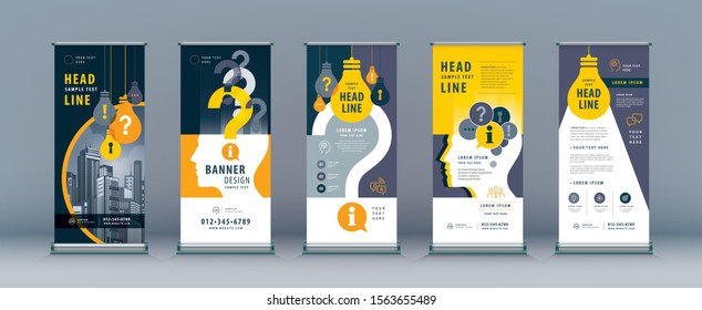 Business Roll Up Set. Standee Design. Banner Template, Abstract Human head with Light Bulb and Question Mark vector,  leaflet, j-flag, x-stand, exhibition display,  problem, trouble, answer, solution