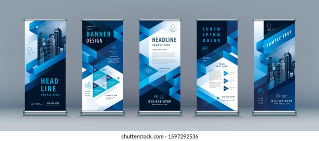 Business Roll Up Set. Standee Design. Banner Template, Abstract Geometric Triangle vector Brochures, flyer, j-flag, x-stand, x-banner, exhibition display, Ribbon stripe, Blue Dynamic triangular shape.