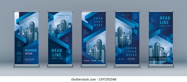 Business Roll Up Set. Standee Design. Banner Template, Abstract Geometric Triangle vector Brochures, flyer, j-flag, x-stand, x-banner, exhibition display, Ribbon stripe, Dynamic triangular shapes.