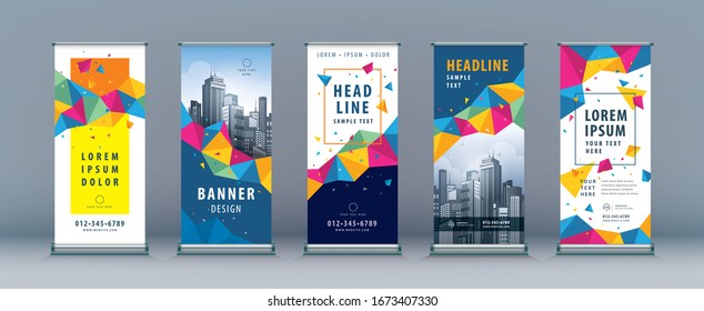 Business Roll Up Set. Standee Design. Banner Template, Abstract Colorful Geometric Polygon and Triangle Splash Background vector, presentation, leaflet, j-flag, x-stand, x-banner, exhibition display